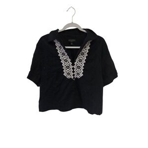 Banana Republic Black Linen Blend Embroidered V-Neck Collared Short Sleeve Top L
